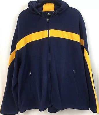 blue jacket with yellow stripes