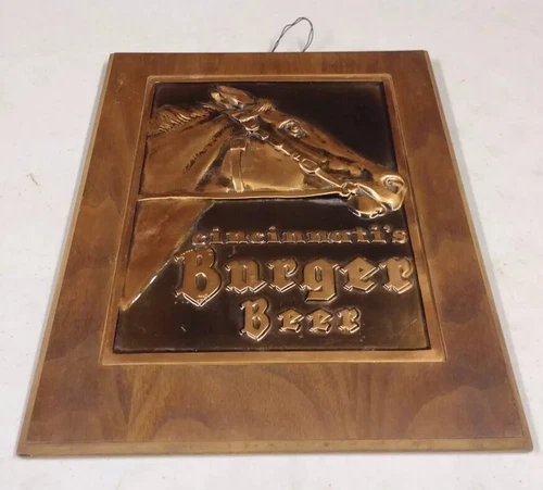 Vintage 14" Cincinnati's Burger Beer Wood Framed Copper Horse Sign