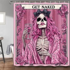 Funny Skull Skeleton Shower Curtain Pink Halloween Gothic Red Rose Floral Red...