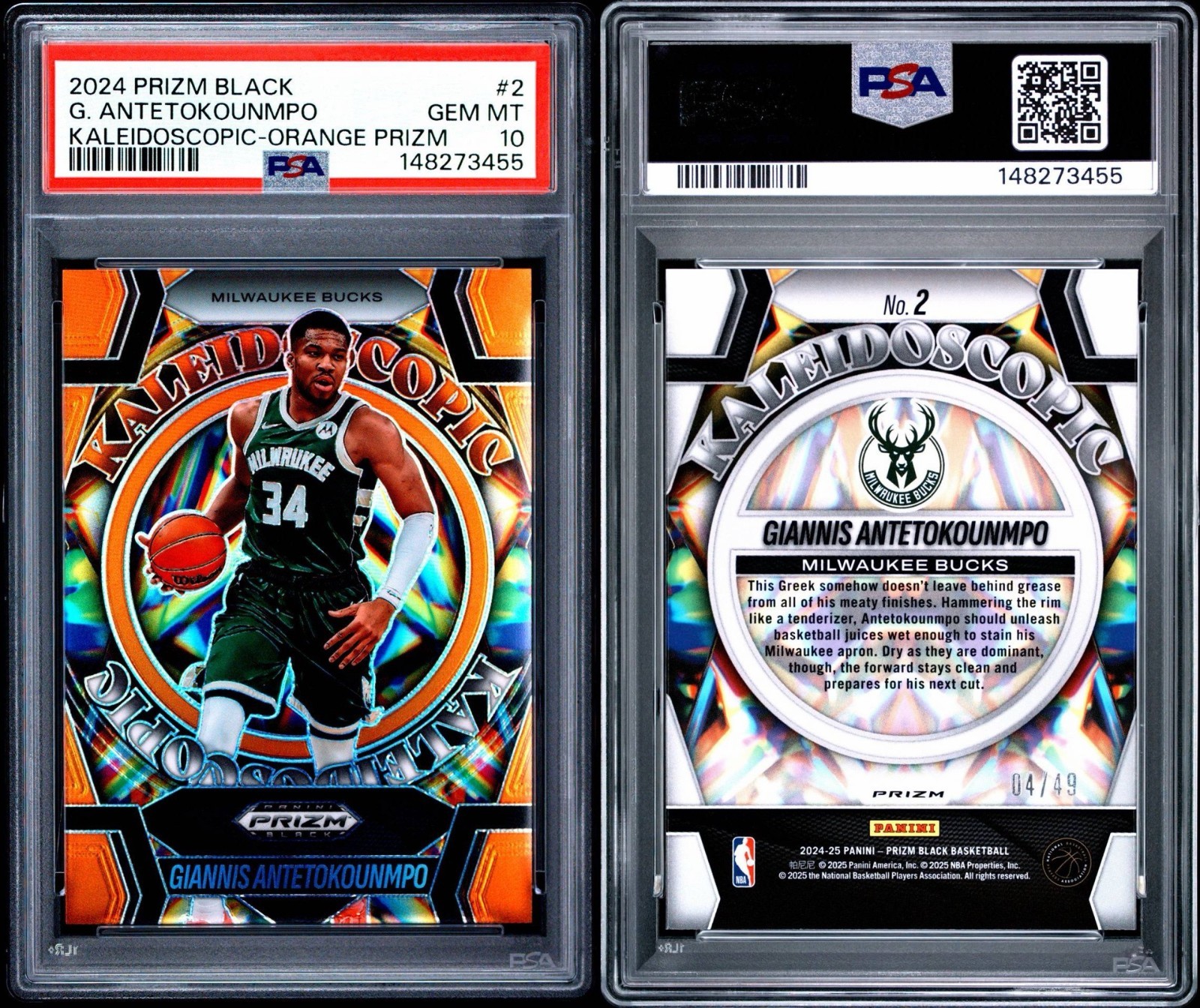 PSA 10 GEM MT 2024-25 Prizm Black GIANNIS ANTETOKOUNMPO Kaleidoscopic Orange /49 view 6