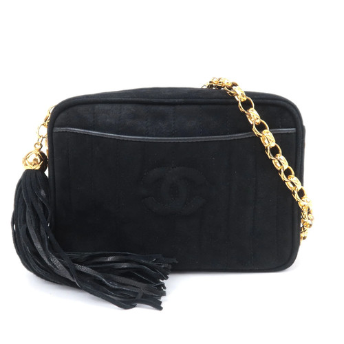 CHANEL Mademoiselle Suede Tassel Chain Shoulder Bag Black Gold HDW Authentic