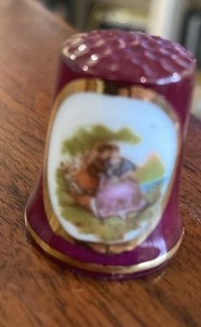 Limoges France Porcelain Thimble Burgundy With Gold Trim Courting Couple