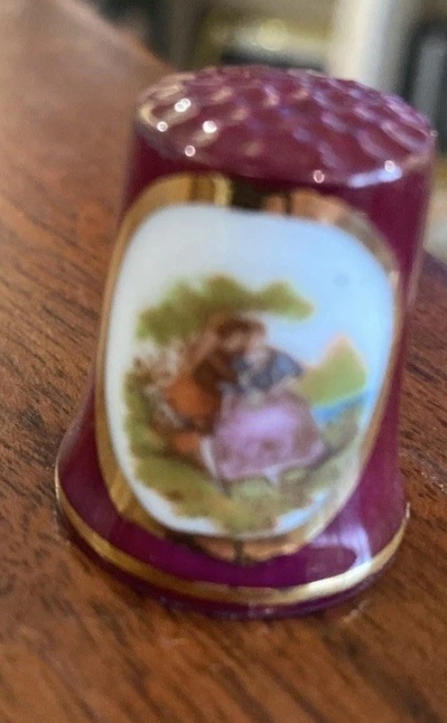 Limoges France Porcelain Thimble Burgundy With Gold Trim Courting Couple