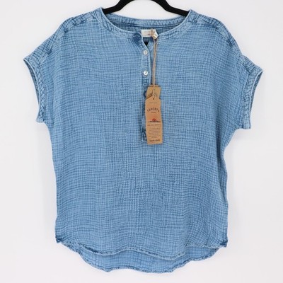 Faherty Dune Organic Cotton Gauze Desmond Top Size M Indigo Wash Short Sleeve