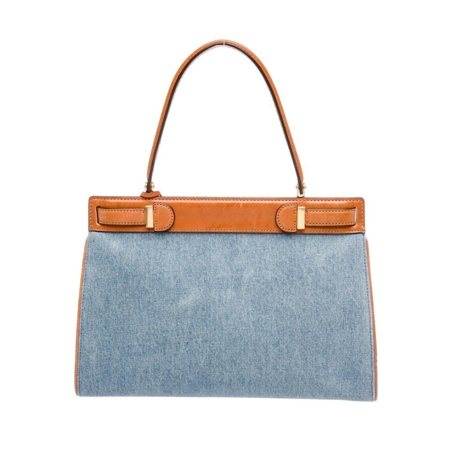 Tory Burch Lee Radziwill Denim Tan Leather Top Handle Bag