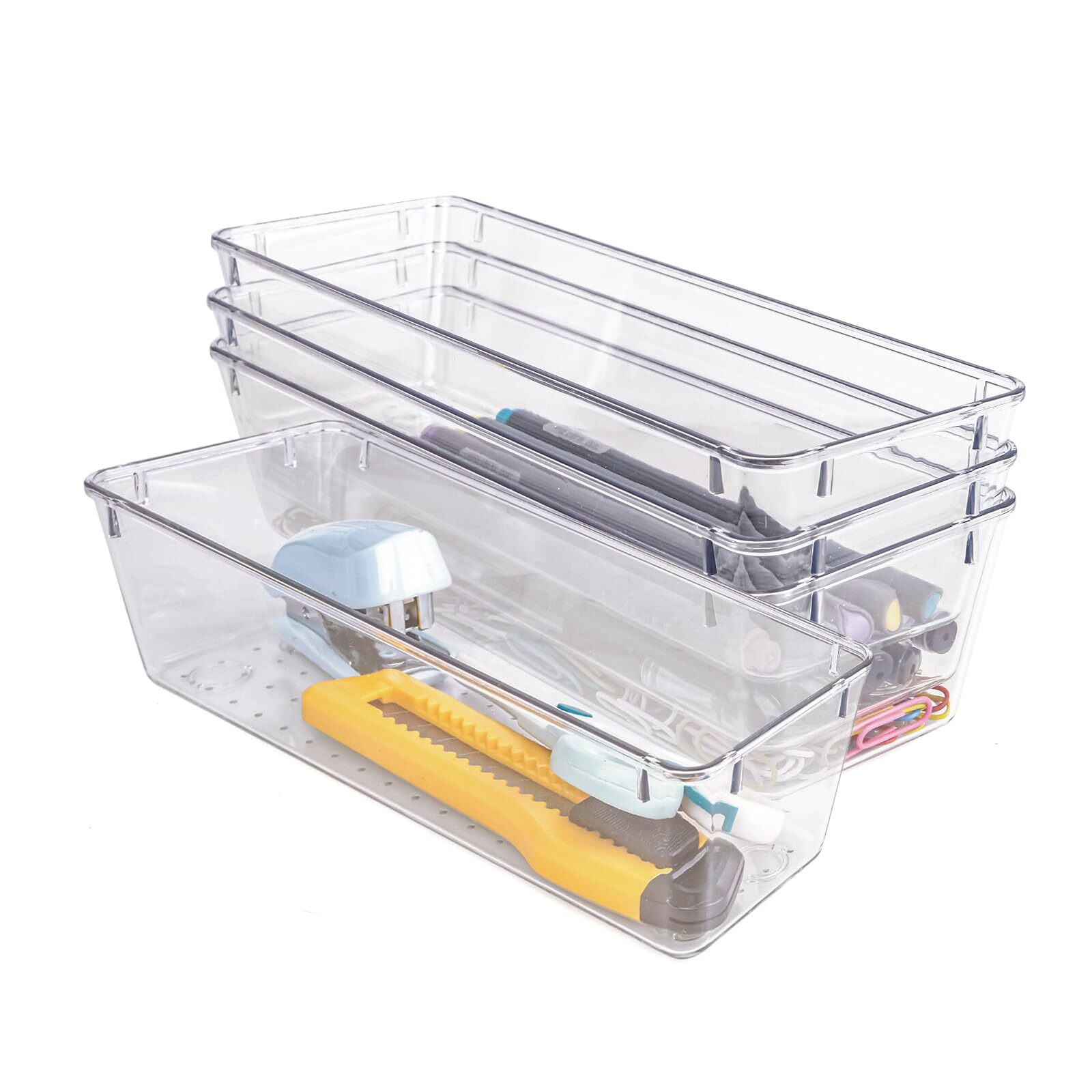 4 PCS Clear Plastic Drawer Organizer, Desk Drawer Divider Organizers and Stor...