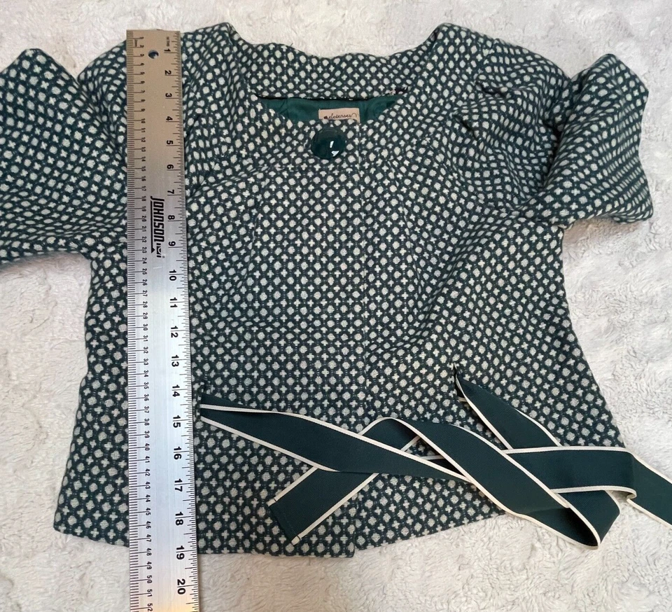 Anthropologie Elevenses Tea Cozy Teal Tweed Tie Front Crop Blazer Jacket Size 4 - Image 3 of 4