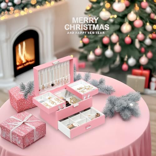 Joyero para Niñas Mujeres, Caja Organizadora de Joyas de Cuero PU, 3 Capas Rosa - Imagen 6 de 7