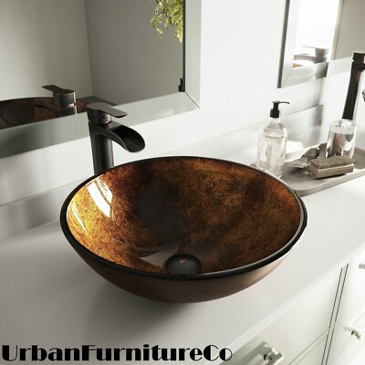 Round Russet Vessel Sink Bowl Bathroom Tempered Glass Pop-up Drain Bath Basin
