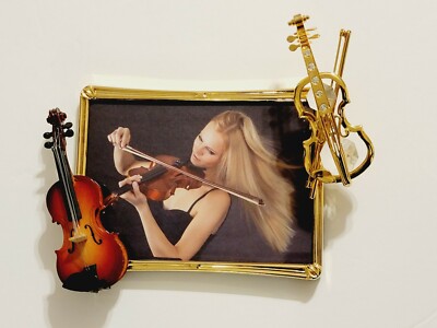 RARE Set 2 Miniature Removable Violin Replicas GoldPlated & 3.5''x5'' Photo Frame 