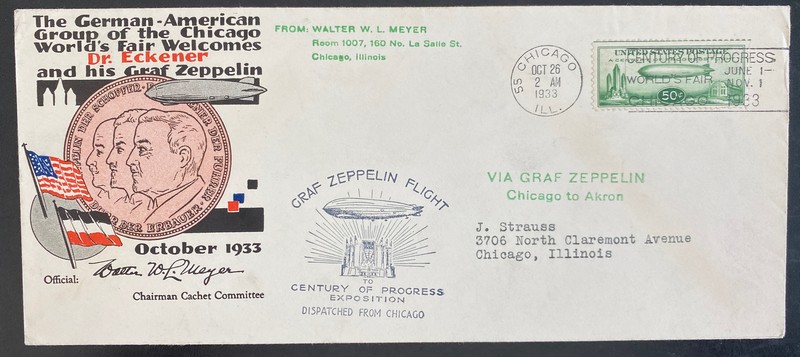1933 Chicago USA LZ127 Graf Zeppelin Flight cover To Century Of Progress Exhibit