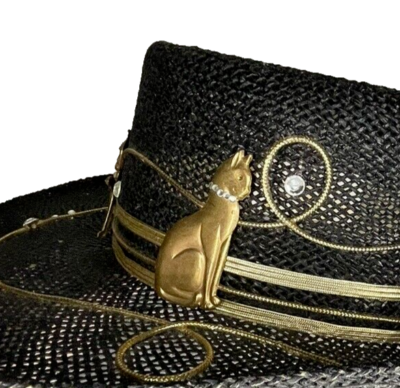 Vintage Black w Gold Cat Lady Stones Bling Boater Straw Hat sz M Dorfman Pacific Vintage Black Gold Cat Lady Stones Bling Boater Straw Hat sz  main image 2