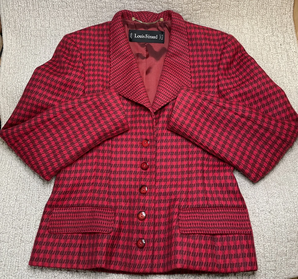 Louis Feraud Rojo Tejido Lana Mohair Falda Traje US4 Lujo Bolsillos Ajustado Foto 4 de 4