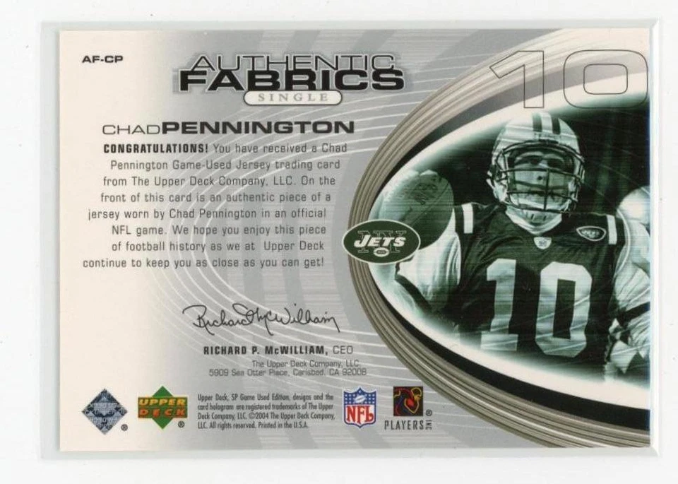 2004 SP Game Used #AF-CP Chad Pennington Authentic Fabrics - Image 2 of 2