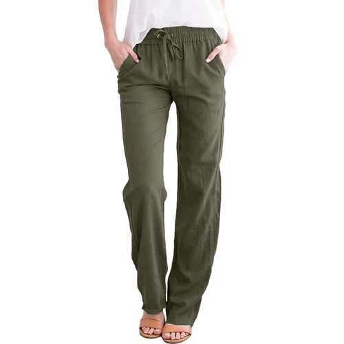 Damen Gerade Elastische Taille Hose Kordelzug Baumwolle Leinen Freizeit Lockere Hose - Bild 13 von 43