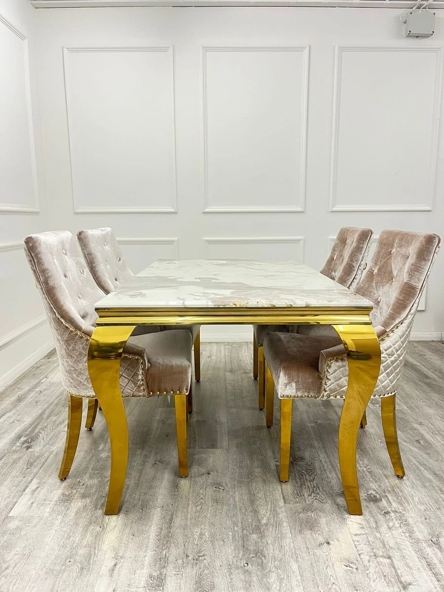 White And Gold Louis Marble Dining Table 1.5 M Table With 4 Chairs