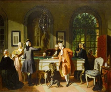 A GAME OF BILLIARDS NOBLE PLAYING POOL TABLE PAINTING BY JEAN CAROLUS REPRO