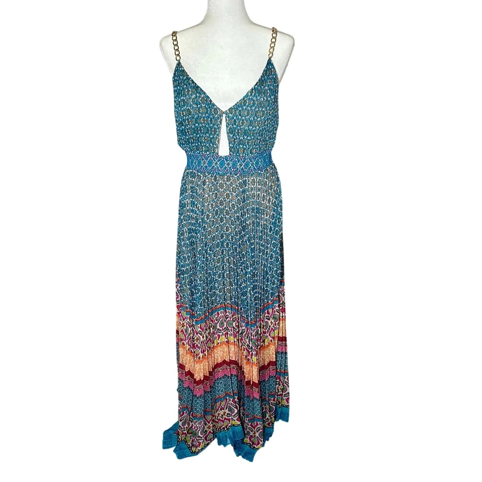 Alice + Olivia Gloria Maxi Dress Gold Chain Straps Pleated Boho Size 10 org.$660 - Image 2 of 4