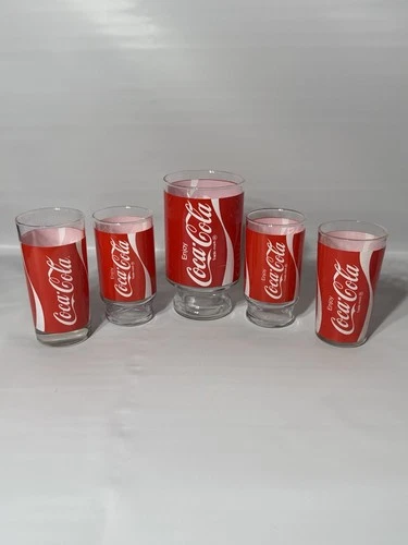 Set of 5 VTG Coca-Cola Pedestal pitcher and glasses “Enjoy Coke” Logo