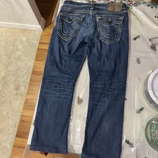 True Religion Ricky Jeans Mens 34x32 Blue Relaxed Straight Made in USA Zip Fly