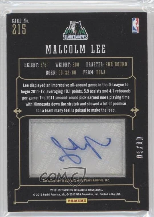 2012-13 Panini Timeless Treasures Glass Gold /10 Malcolm Lee #215 Rookie Auto RC - Image 2 of 2