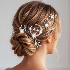 Moon Star Hair Pins Silver Rhinestone Hair Clips Bride Wedding Celestial Hair Ac