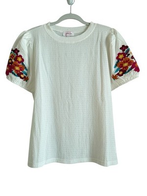 Jess Lea Top Women s Large White Sand Embroidered Puff Sleeve Peasant Blouse