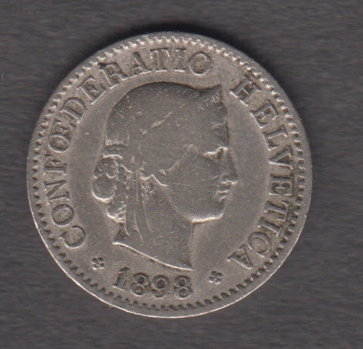 Switzerland 1898. 5 Rappen. Libertas, Roman goddess of liberty. Wreath. KM# 26