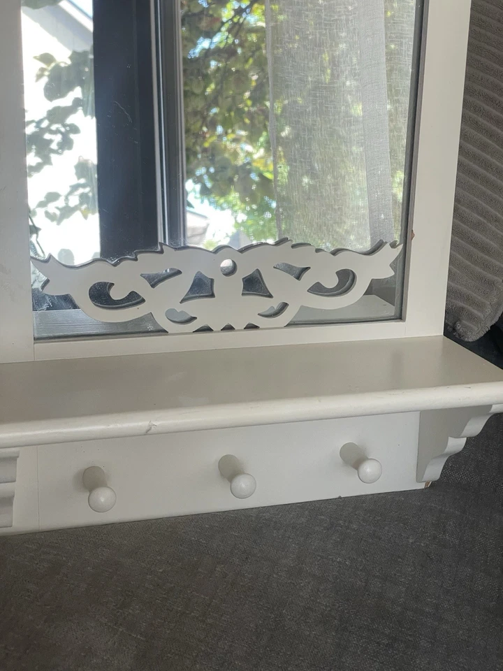 Vintage White Wood Mirror Shelf with Pegs, design detail, home decor - Image 3 of 4