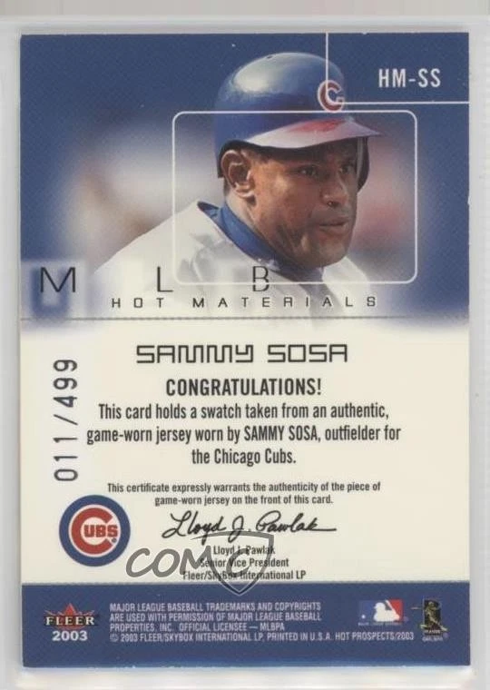 2003 Fleer Hot Prospects Hot Materials /499 Sammy Sosa #HM-SS - Image 2 of 2