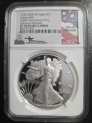 #ad 2026 W PROOF SILVER EAGLE LIBERTY BELL PRIVY NGC PF70 UCAM ADVANCE REL MERCANTI $895.00