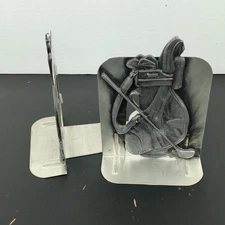 Vintage Pair of Metal Silvertone Bookends Golf Bags Thin Golfing Golfer 