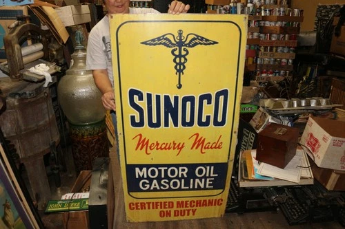 Large Vtg Sunoco Motor Oil Gasoline Gas Station Mechanic On Duty 48" Metal Sign