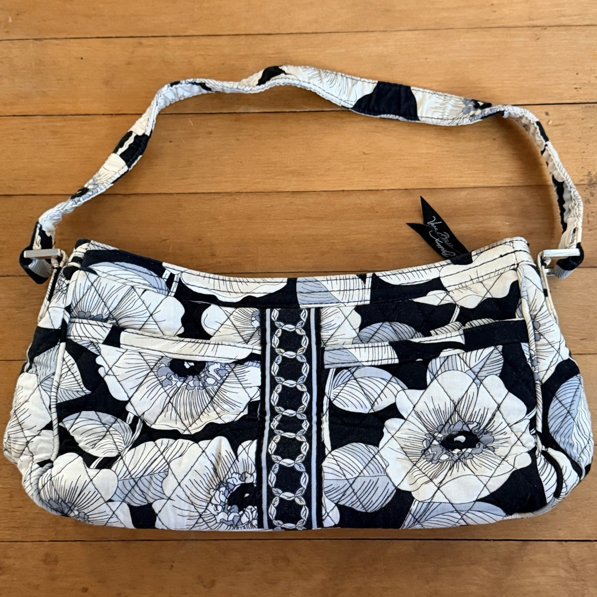 Vera Bradley Women's Black White Floral Quilted Shoulder Bag Zip Closure