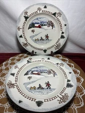 Winter Side 8.5” Salad Plates 4 Vintage Christmas Folkcraft Stoneware Winter