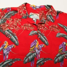 Paradise Found Shirt Mens Large Red Hawaiian Aloha Rayon Magnum PI Parrots