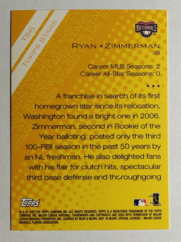 2007 Topps Stars #TS15 Ryan Zimmerman - Picture 2 of 2