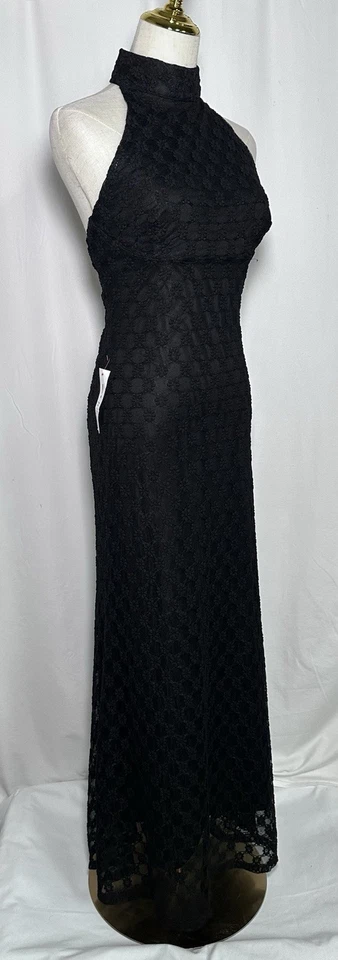 Bardot Maxi Gown Dress Large Sleeveless High Neck Halter Open Back Lace Black - Image 4 of 4