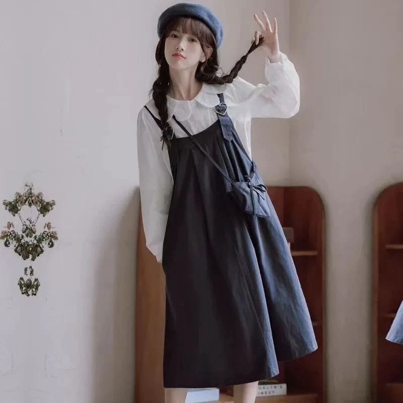 Korean women Preppy style Sweet kawaii Long Sleeve Loose Dress