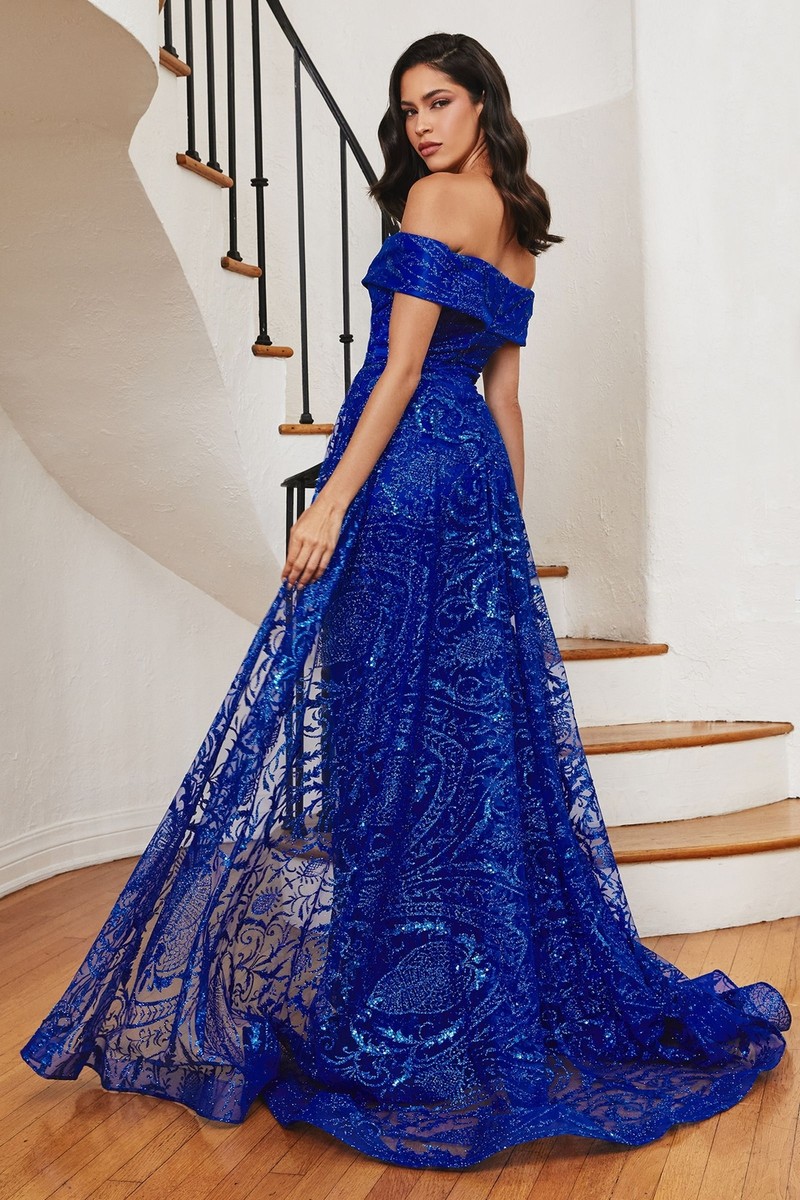 Royal Blue Off Shoulder Glitter Evening Gown with Sheer