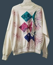 Vintage 80s hand-painted blouse, Just Me Designs, Large, Fish Splatter Jewels