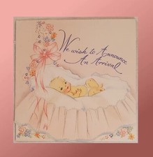 Vintage Baby Card Birth Announcement Hallmark 1943 Bassinet Die Cut Upcycle