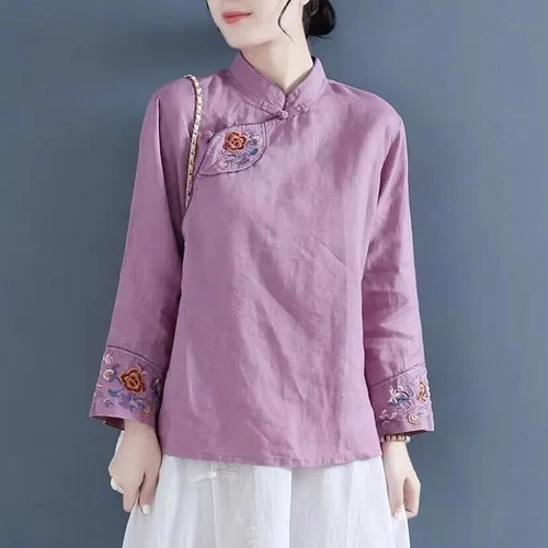 Blusa Camisa Mujer China Bordada Floral Cuello Mandarín Retro Top Étnico - Imagen 3 de 19