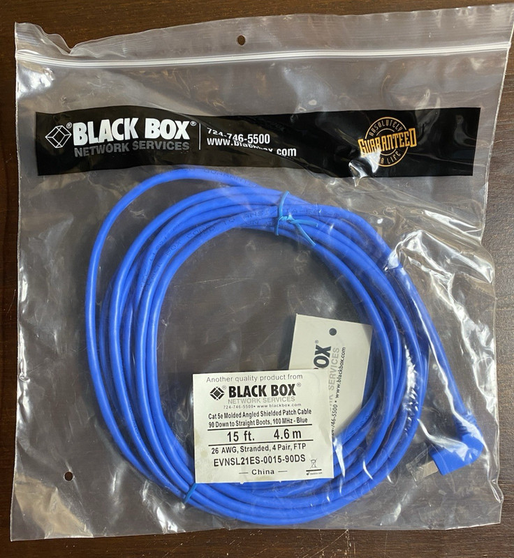Black Box Cat 5e 15ft Shielded Patch Cable – Angled 90° to Straight – Blue New
