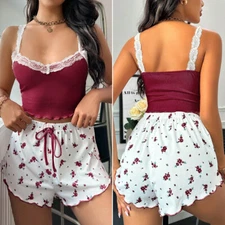 Sexy Satin Lace PJs Cami Set Camisole Shorts French Knickers Vest Nightwear Xmas