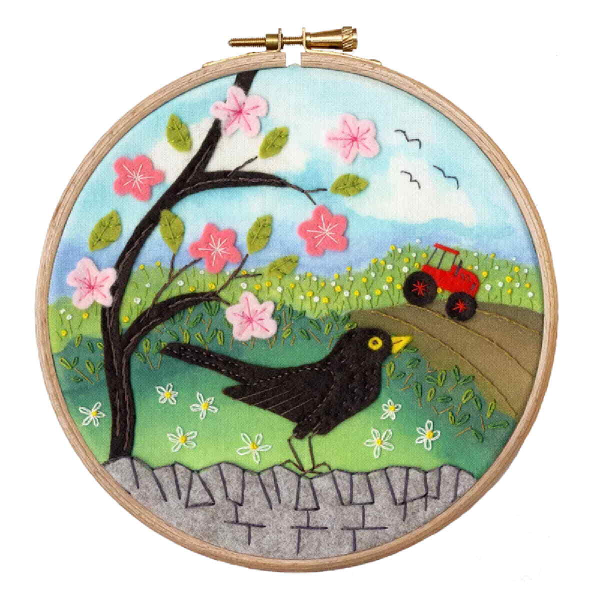 Bothy Threads felt embroidery with wooden hoop, printed background ""Morning Chor
