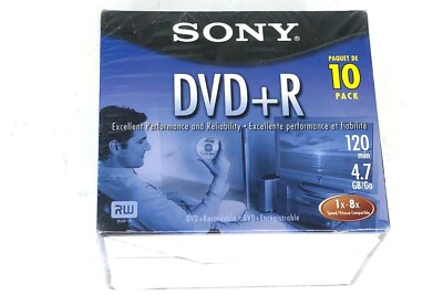 Sony DVD+R 10 Pack DVD with Jewel Case 4.7GB 120 Min 1x-8x NEW