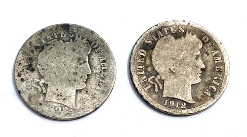 1908-Unknown & 1912-D Denver Barber Dimes 90% Silver 10C Coins See Photos