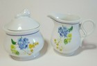 Cream Sugar Set Fine Porcelain Blue Forget Me Not Yellow Floral made in Malaysia