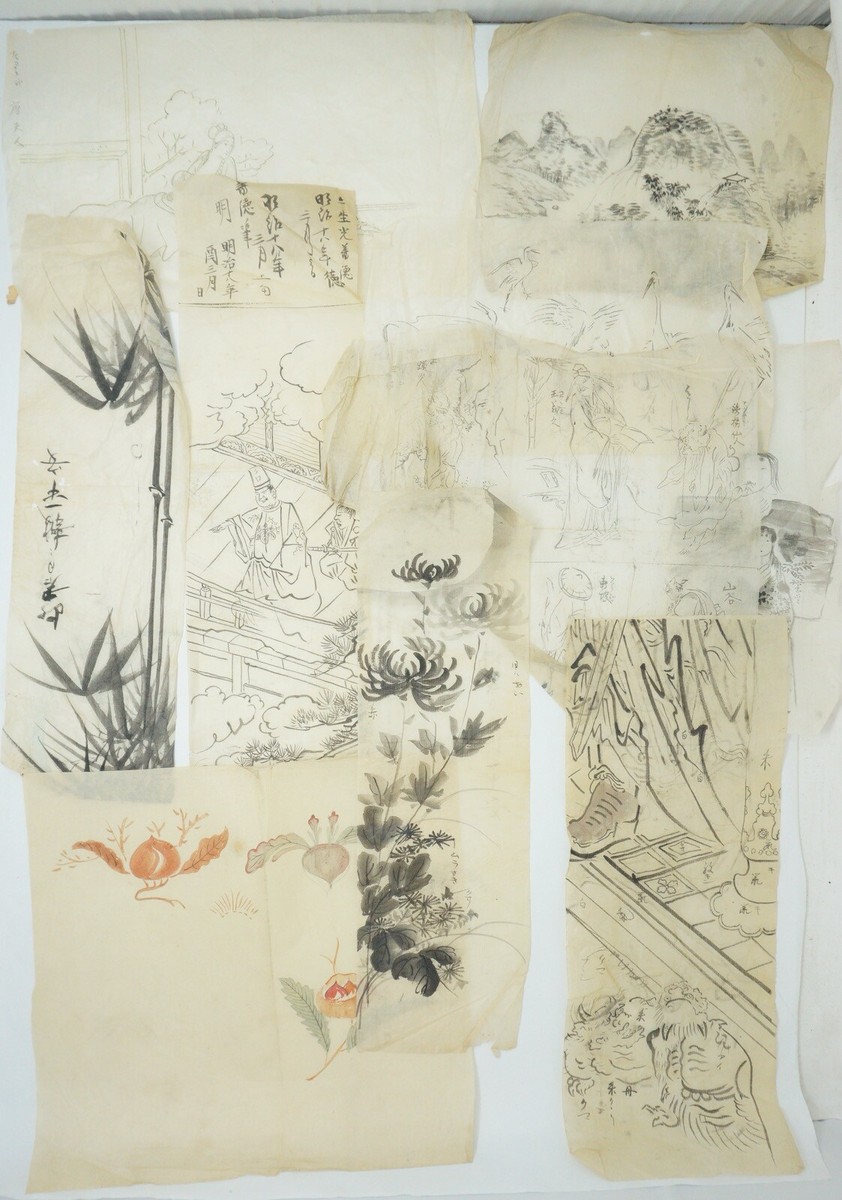 Japanese Original Vintage Ink Handdrawings of Animals People